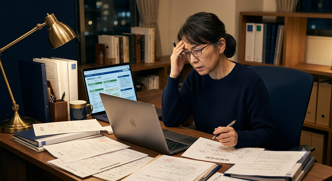 パソコンで検索して悩む様子